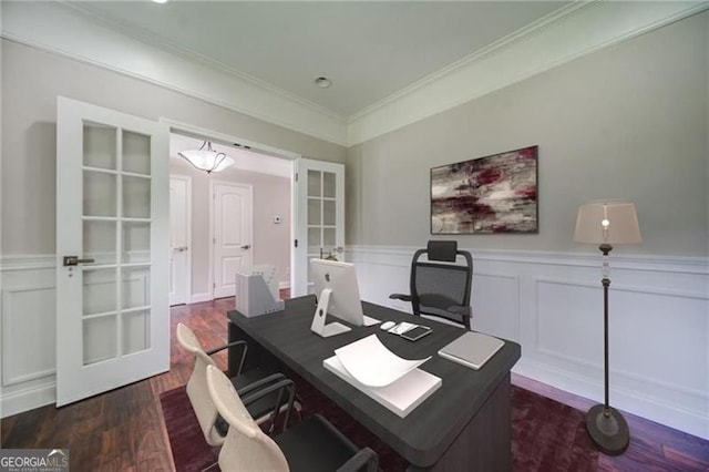 office space featuring dark hardwood / wood-style floors, ornamental molding, and french doors