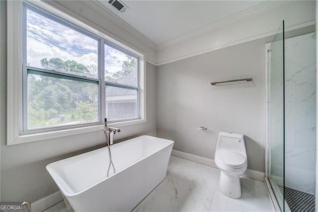 bathroom with plenty of natural light, toilet, ornamental molding, and plus walk in shower