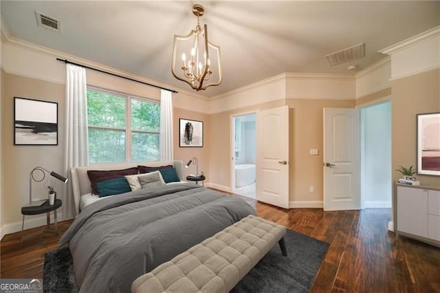 bedroom featuring connected bathroom, dark hardwood / wood-style flooring, a chandelier, and ornamental molding