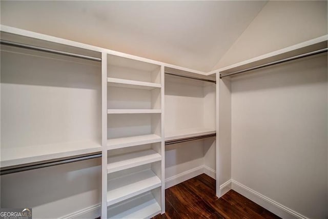 walk in closet featuring lofted ceiling and dark hardwood / wood-style floors