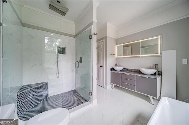 bathroom with vanity, crown molding, and plus walk in shower