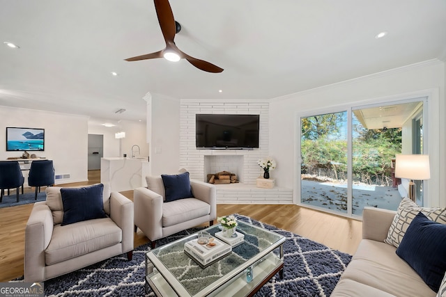 living room featuring hardwood / wood-style floors, sink, crown molding, ceiling fan, and a fireplace