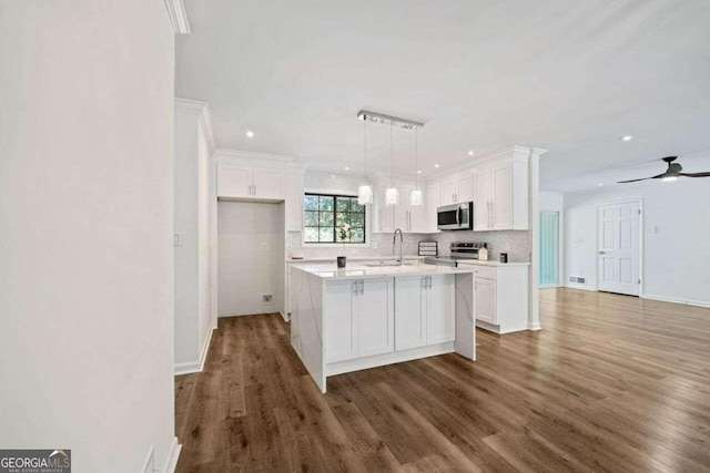 kitchen with white cabinets, dark hardwood / wood-style flooring, stainless steel appliances, and an island with sink