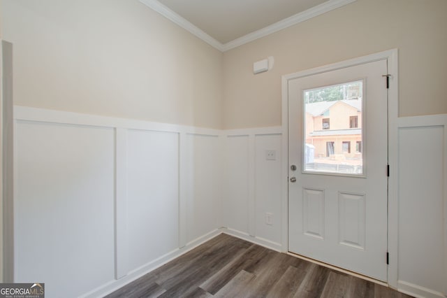 doorway with dark hardwood / wood-style flooring and crown molding