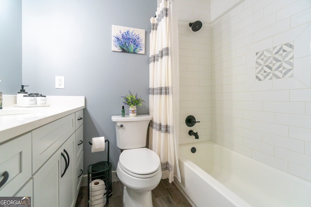 full bathroom with wood-type flooring, vanity, toilet, and shower / tub combo with curtain