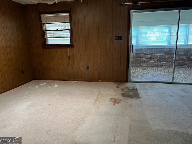 empty room with plenty of natural light, wood walls, and light carpet