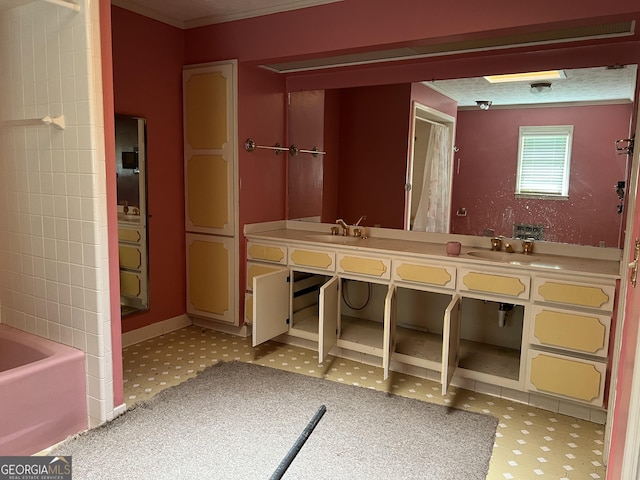106 Country Club Rd, Dublin, GA 31021 - full bathroom with double vanity, a tub, crown molding, and a shower