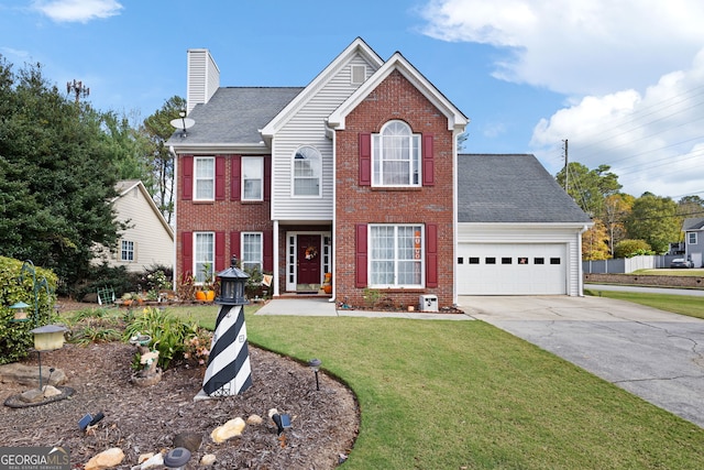 view of front facade with a garage and a front lawn