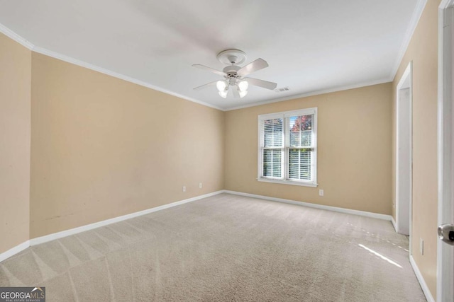 unfurnished bedroom featuring light carpet, ceiling fan, and ornamental molding