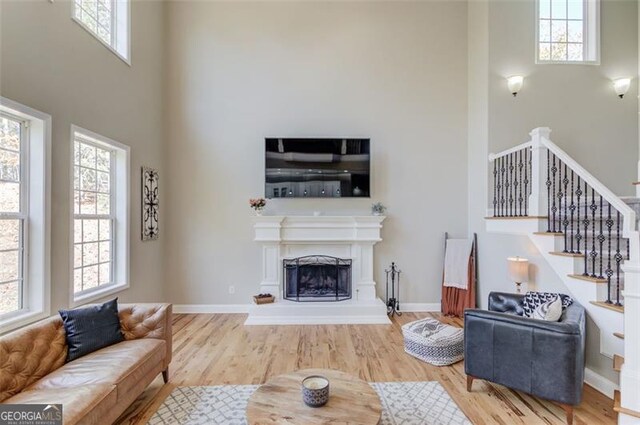 living room featuring plenty of natural light, hardwood / wood-style floors, and a high ceiling