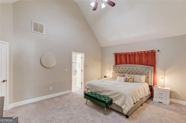 carpeted bedroom featuring high vaulted ceiling and ceiling fan