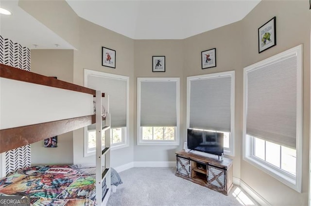 bedroom with light colored carpet and multiple windows