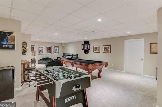 recreation room with a drop ceiling, light colored carpet, and billiards