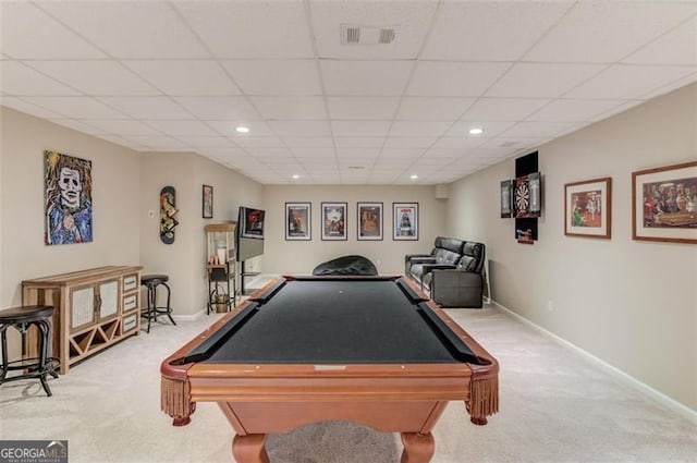 rec room featuring a paneled ceiling, light colored carpet, and billiards