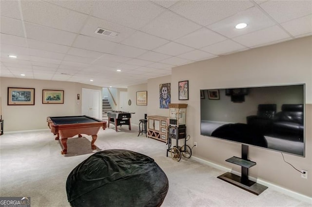 recreation room with light carpet, a drop ceiling, and pool table