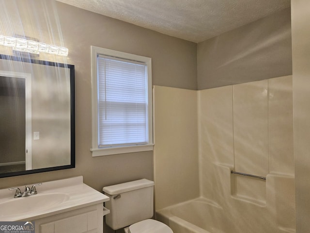 full bathroom featuring shower / bath combination, toilet, a textured ceiling, and vanity