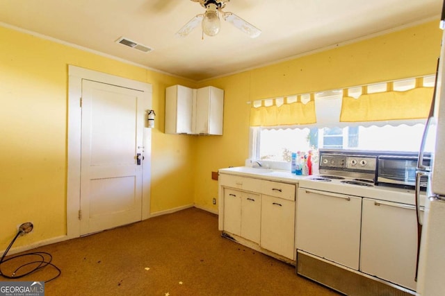 kitchen featuring white cabinetry, ceiling fan, stove, and crown molding