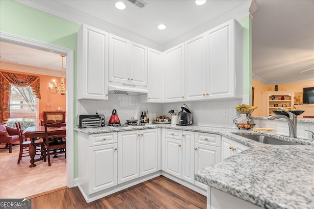 kitchen featuring crown molding, white cabinetry, dark wood-type flooring, and sink