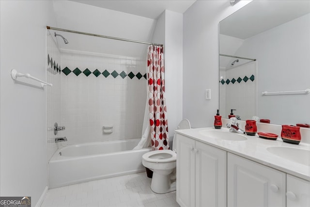 full bathroom featuring toilet, shower / bath combination with curtain, vanity, and tile patterned floors