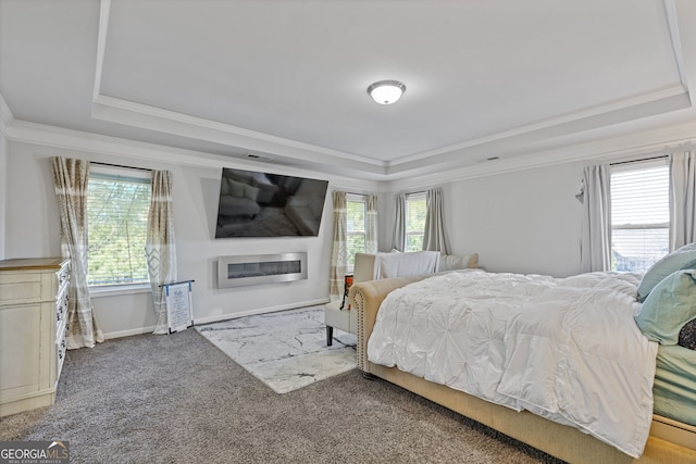 carpeted bedroom with a raised ceiling, multiple windows, crown molding, and baseboards