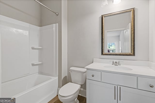 full bath with toilet, bathing tub / shower combination, and vanity