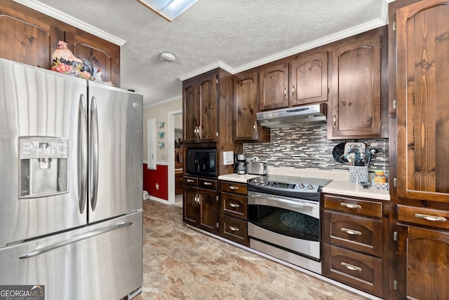 kitchen featuring backsplash, a textured ceiling, stainless steel appliances, dark brown cabinetry, and crown molding