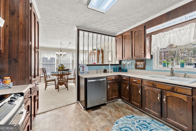 kitchen with pendant lighting, light carpet, sink, stainless steel dishwasher, and a textured ceiling