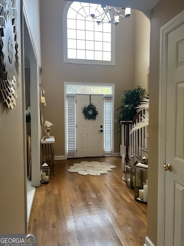 entryway with hardwood / wood-style floors and a high ceiling