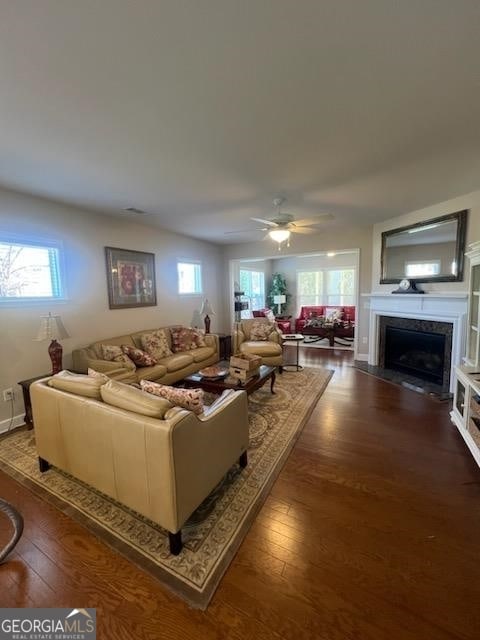 living room with ceiling fan and wood-type flooring