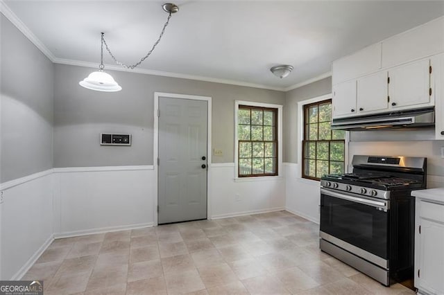 kitchen with white cabinets, decorative light fixtures, ornamental molding, and stainless steel range with gas stovetop