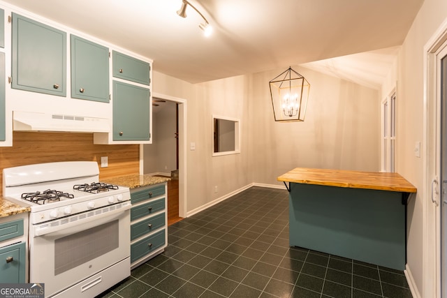 kitchen featuring pendant lighting, white range with gas cooktop, green cabinetry, a chandelier, and light stone counters