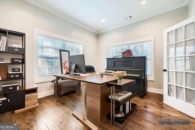 office with dark hardwood / wood-style floors and crown molding