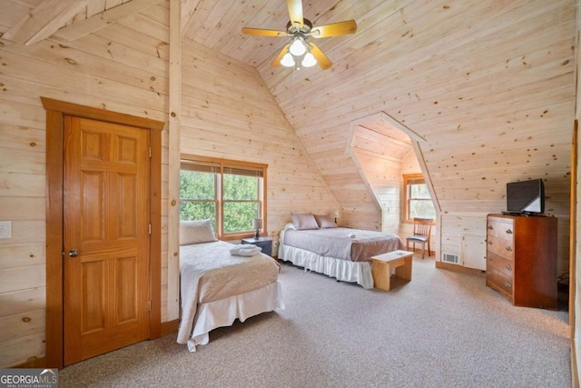 carpeted bedroom with wood walls, ceiling fan, wooden ceiling, and high vaulted ceiling