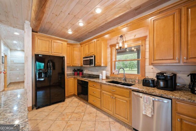 kitchen featuring sink, wooden ceiling, light stone counters, light tile patterned flooring, and black appliances