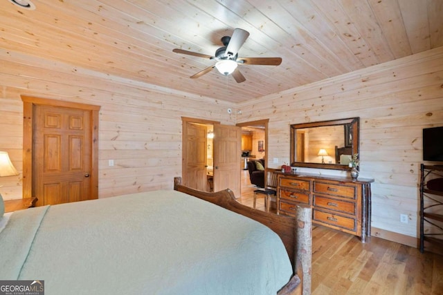 bedroom with ceiling fan, wooden walls, wooden ceiling, and light wood-type flooring