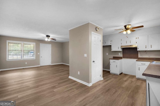 kitchen with a textured ceiling, ceiling fan, sink, hardwood / wood-style floors, and white cabinetry