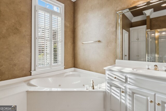 bathroom featuring separate shower and tub, a wealth of natural light, vanity, and ornamental molding