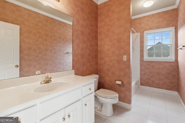 full bathroom featuring tile patterned flooring, tub / shower combination, crown molding, toilet, and vanity