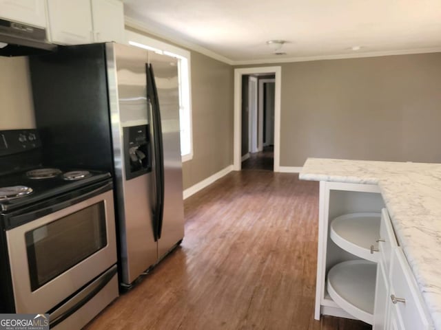 kitchen featuring ventilation hood, white cabinets, light stone counters, appliances with stainless steel finishes, and dark hardwood / wood-style flooring