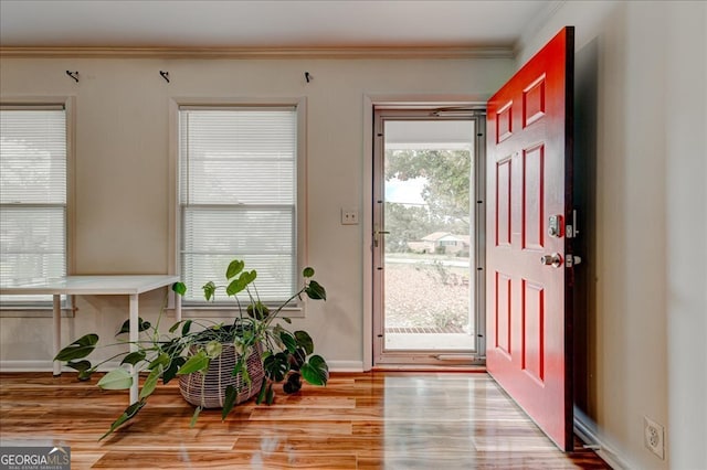 entrance foyer with light hardwood / wood-style flooring and ornamental molding