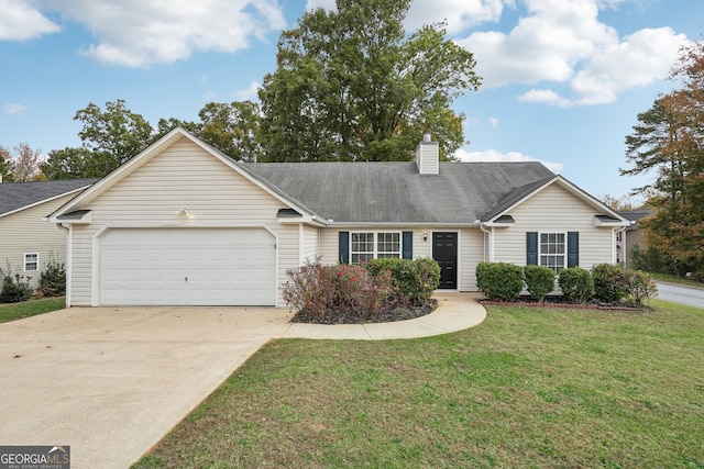 single story home with a front yard and a garage