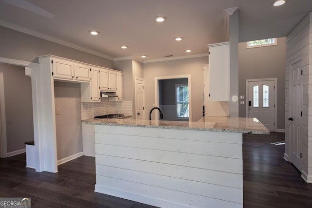 kitchen featuring dark hardwood / wood-style flooring, light stone counters, and white cabinetry