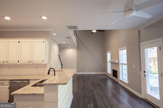 kitchen featuring light stone counters, white cabinetry, dark wood-type flooring, and sink