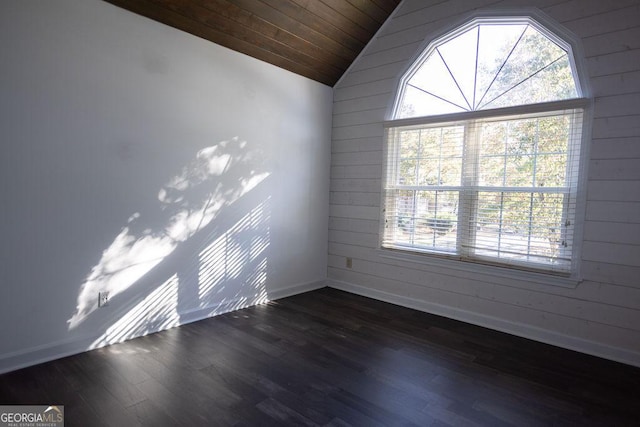 empty room with wooden walls, dark hardwood / wood-style floors, lofted ceiling, and wood ceiling