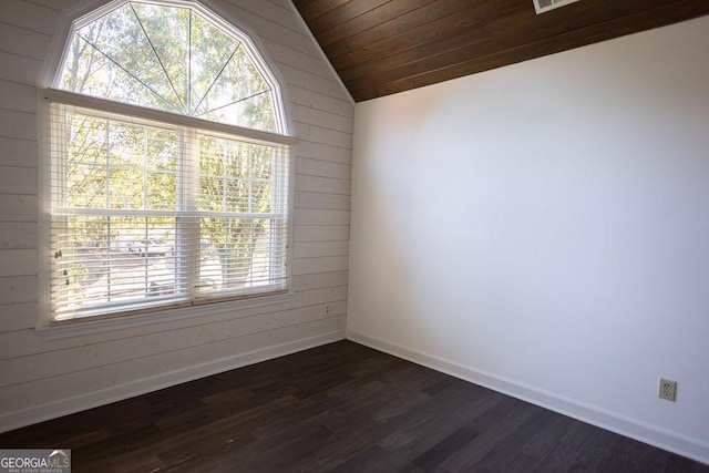 unfurnished room with wood walls, dark hardwood / wood-style flooring, wooden ceiling, and lofted ceiling