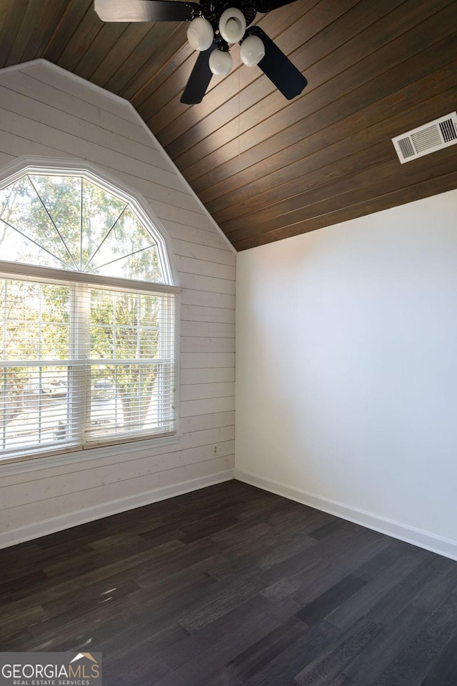 interior space with lofted ceiling, wooden walls, dark hardwood / wood-style floors, ceiling fan, and wood ceiling