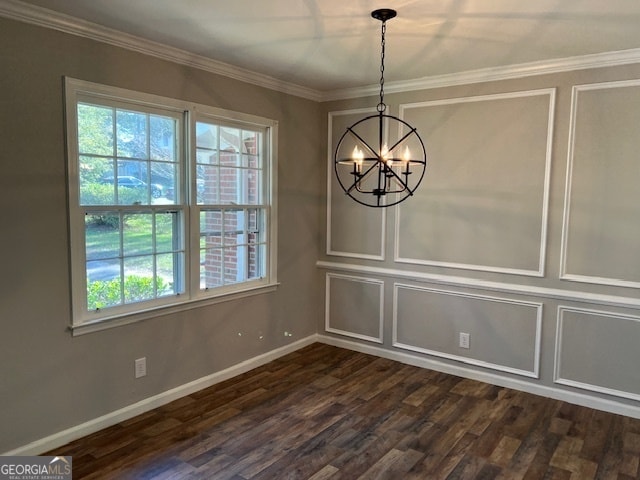 unfurnished dining area with crown molding, a chandelier, and dark hardwood / wood-style floors