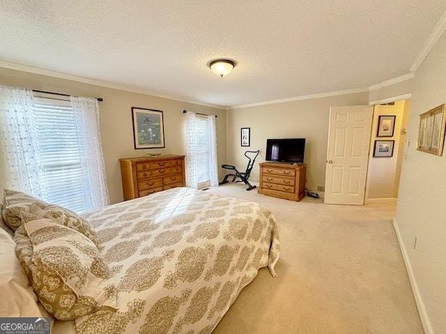 carpeted bedroom featuring a textured ceiling, ornamental molding, and multiple windows