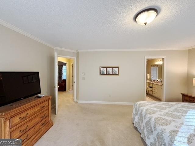 bedroom featuring baseboards, ornamental molding, a textured ceiling, and light colored carpet