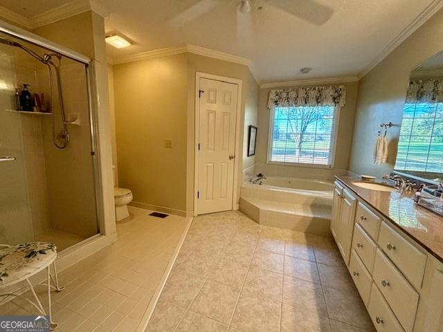 full bath featuring a stall shower, toilet, a garden tub, crown molding, and vanity